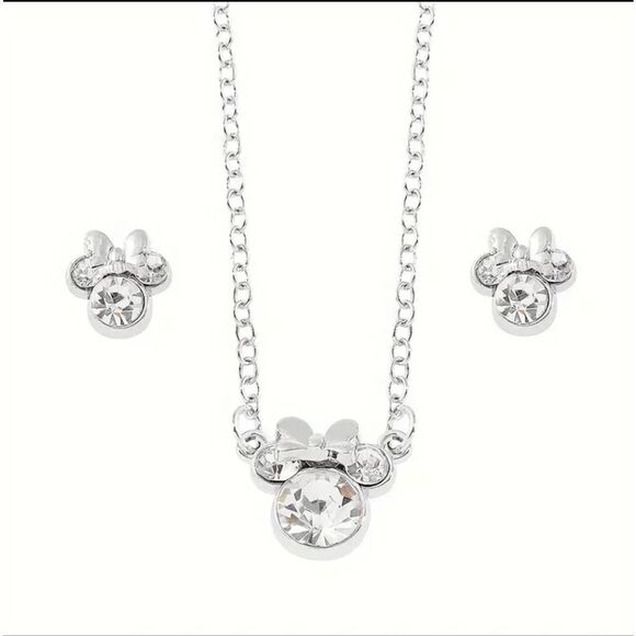Silver Rhinestone Mickey Minnie Necklace Earrings Matching Set - Picture 1 of 6